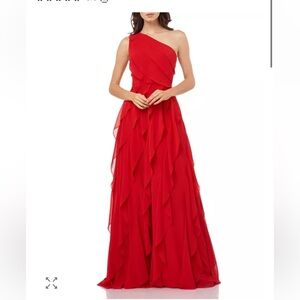 Carmen Marc Valvo Infusion dress- Elegant Red One-Shoulder Evening Gown